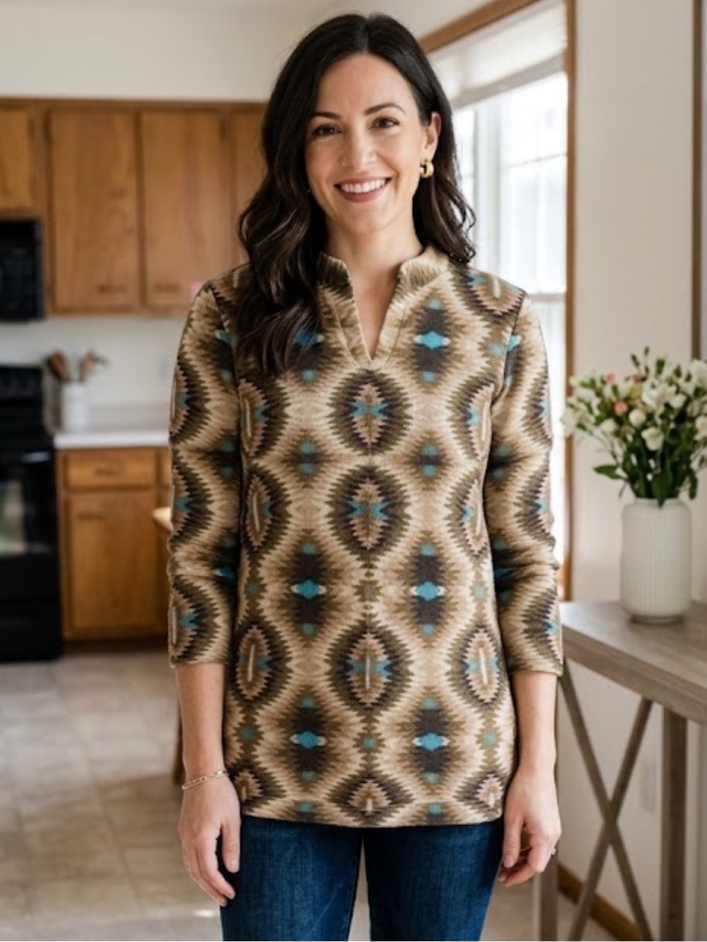 Tory Burch Aztec Geometric Print V-Neck Top Women’s 8 Western Southwestern
U